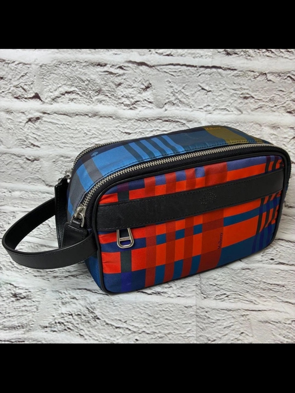Mulberry Red and Blue Plaid Leather-Trim Toiletry Bag